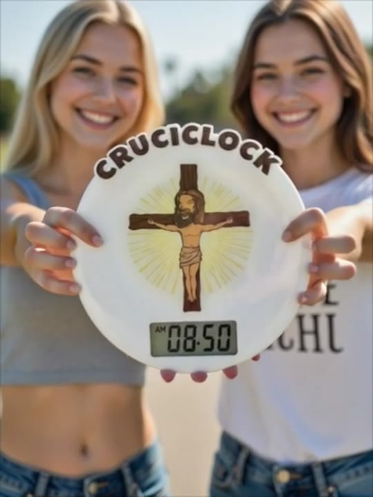 Two friends holding up The Cruciclock, a joke-telling novelty clock