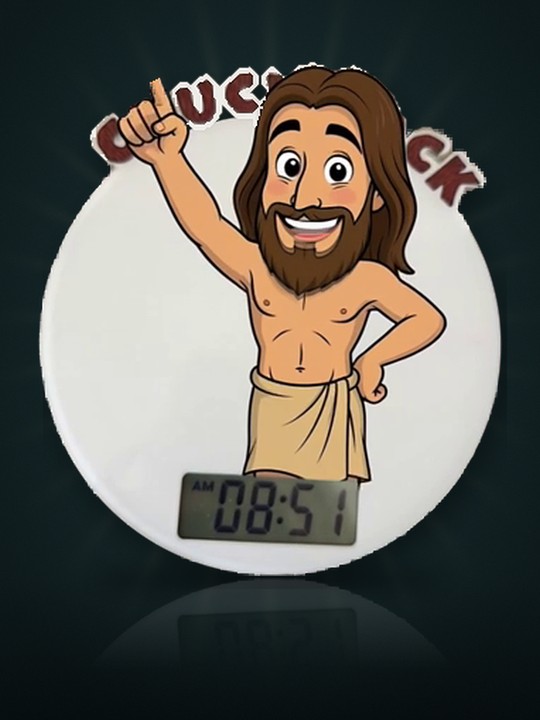 Cartoon Spartacus pointing up beside the clock display